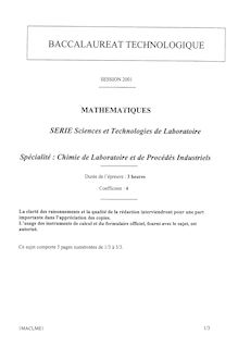 Mathématiques 2001 S.T.L (Chimie de Laboratoire et de procédés industriels) Baccalauréat technologique