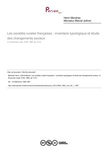 Les sociétés rurales françaises : inventaire typologique et étude des changements sociaux - article ; n°1 ; vol.64, pg 9-18
