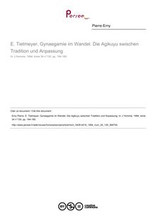 E. Tietmeyer, Gynaegamie im Wandel. Die Agikuyu swischen Tradition und Anpassung  ; n°130 ; vol.34, pg 184-185