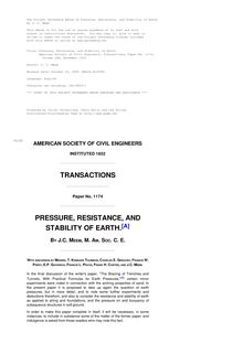 Pressure, Resistance, and Stability of Earth - American Society of Civil Engineers: Transactions, Paper No. 1174, - Volume LXX, December 1910