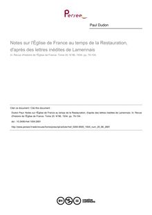 Notes sur l Église de France au temps de la Restauration, d après des lettres inédites de Lamennais - article ; n°86 ; vol.20, pg 79-104