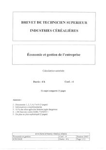 Economie et gestion 2003 BTS Industries céréalières