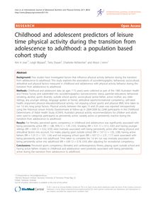 Childhood and adolescent predictors of leisure time physical activity during the transition from adolescence to adulthood: a population based cohort study