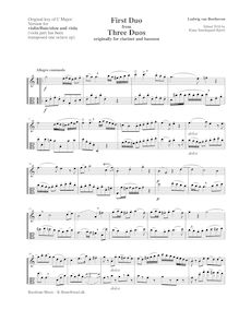 Partition complète (aigu et alto clefs), 3 duos pour clarinette et basson