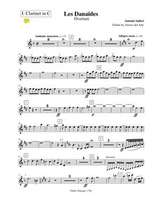 Partition clarinette 1 (C), Les Danaïdes, Salieri, Antonio