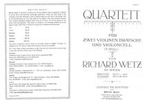 Partition parties complètes, corde quatuor No.1, F minor, Wetz, Richard