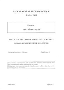Mathématiques 2009 S.T.L (Biochimie et génie biologique) Baccalauréat technologique