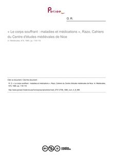 « Le corps souffrant : maladies et médications », Razo, Cahiers du Centre d études médiévales de Nice  ; n°8 ; vol.4, pg 118-119