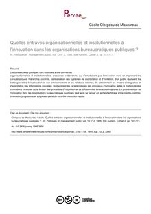 Quelles entraves organisationnelles et institutionnelles à l innovation dans les organisations bureaucratiques publiques ?  - article ; n°2 ; vol.13, pg 141-171