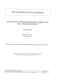 Sciences et technologies de l habitat et de l environnement 2007 BTS Économie sociale et familiale
