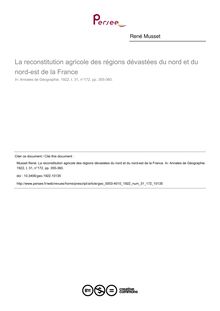 La reconstitution agricole des régions dévastées du nord et du nord-est de la France - article ; n°172 ; vol.31, pg 355-360