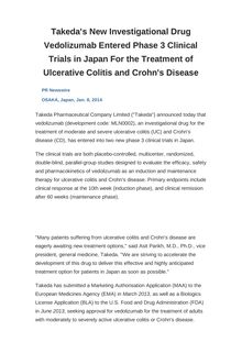 Takeda s New Investigational Drug Vedolizumab Entered Phase 3 Clinical Trials in Japan For the Treatment of Ulcerative Colitis and Crohn s Disease