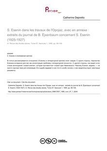 S. Esenin dans les travaux de l Opojaz, avec en annexe : extraits du journal de B. Èjxenbaum concernant S. Esenin (1925-1927) - article ; n°1 ; vol.67, pg 99-109