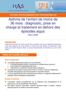 Asthme de l enfant de moins de 36 mois  diagnostic, prise en charge et traitement en dehors des épisodes aigus - Synthèse - Asthme de l enfant de moins de 36 mois