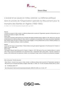 L avocat et sa cause en milieu colonial. La défense politique dans le procès de l Organisation spéciale du Mouvement pour le triomphe des libertés en Algérie (1950-1952) - article ; n°62 ; vol.16, pg 65-91