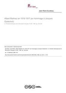 Albert Mathiez en 1916-1917 (en hommage à Jacques Godechot) - article ; n°1 ; vol.281, pg 345-348