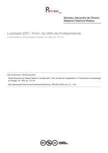 Lusotopie 2001, Timor, les défis de l indépendance  ; n°1 ; vol.8, pg 113-116
