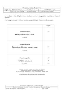 Sujet du bac 2012: Histoire-géographie et éducation civique (U52) - Métopole