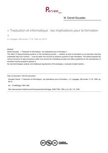 « Traduction et informatique : les implications pour la formation » - article ; n°116 ; vol.28, pg 59-74