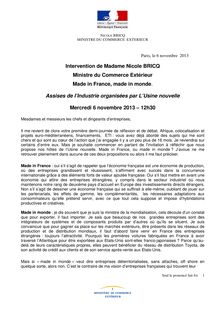 Intervention de Madame Nicole Bricq, ministre du commerce extérieur le 6 novembre 2013 : Made in France, made in monde