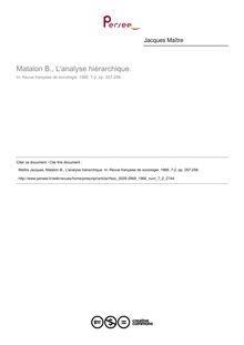 Matalon B., L analyse hiérarchique.  ; n°2 ; vol.7, pg 257-258