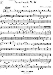 Partition cor 2 (en B♭ alto, F), Divertimento, Divertimento No.15 ; Lodron Serenade No 2