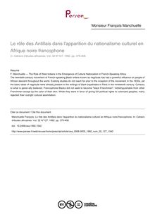 Le rôle des Antillais dans l apparition du nationalisme culturel en Afrique noire francophone - article ; n°127 ; vol.32, pg 375-408
