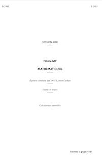 Mathématiques Lyon et Cachan 2000 Classe Prepa MP Concours Ecole Normale Supérieure