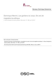 Dominique Memmi, Les gardiens du corps. Dix ans de magistère bio-éthique  ; n°5 ; vol.48, pg 672-675
