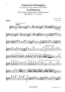 Partition violons I, violon Concerto en E major, RV 269, La primavera (Spring) from Le quattro stagioni (The Four Seasons) par Antonio Vivaldi