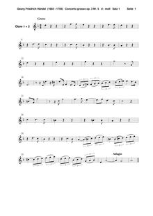 Partition hautbois 1/2, Concerto Grosso en D minor, HWV 316, D minor