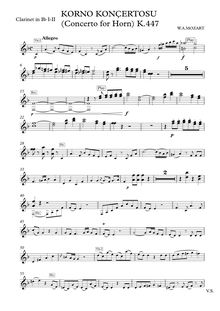 Partition clarinette 1/2 (B♭), cor Concerto, E♭ major, Mozart, Wolfgang Amadeus