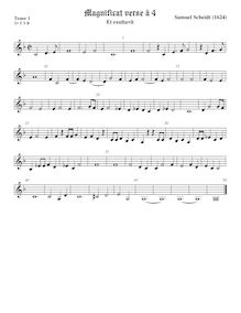 Partition 1st verse (Et exultavit) − ténor viole de gambe 1, aigu clef, Tabulatura Nova