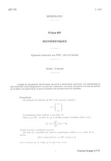 Mathématiques Paris et Cachan 2001 Classe Prepa MP Concours Ecole Normale Supérieure