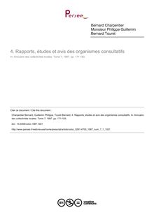 Rapports, études et avis des organismes consultatifs - article ; n°1 ; vol.7, pg 171-183