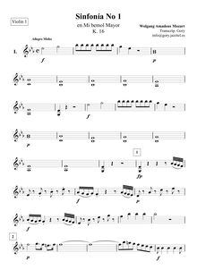 Partition violons I, Symphony No.1, E♭ major, Mozart, Wolfgang Amadeus
