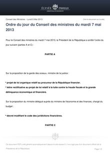Ordre du jour du Conseil des ministres du mardi 7 mai 2013