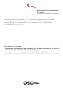 Anne Geisler-Szmulewicz, Le Mythe de Pygmalion au XIXe siècle. Pour une approche de la coalescence des mythes  ; n°109 ; vol.30, pg 121-122