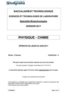 Sujet Bac STL Bio 2017 - Physique - chimie