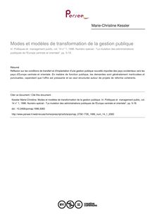 Modes et modèles de transformation de la gestion publique - article ; n°1 ; vol.14, pg 5-18