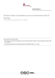 Ferraton Hubert, Syndicalisme ouvrier et social-démocratie en Norvège.  ; n°4 ; vol.1, pg 495-496