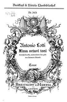 Partition ténor , partie, Missa octavi toni, G major, Lotti, Antonio