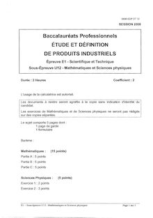 Mathématiques - Sciences physiques 2006 Bac Pro - Étude et définition de produits industriels
