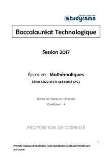Corrigé Bac STI2D, STL, SPCL 2017 - Mathématiques