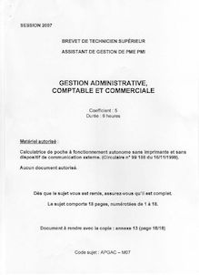 Gestion administrative, comptable et commerciale 2007 BTS Assistant de gestion de PME-PMI (AG)