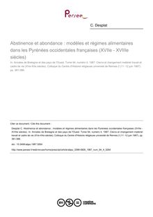 Abstinence et abondance : modèles et régimes alimentaires dans les Pyrénées occidentales françaises (XVIIe - XVIIIe siècles) - article ; n°4 ; vol.94, pg 381-388