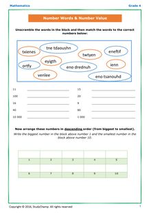 Grade 4 Maths Worksheet: Number Words And Number Value