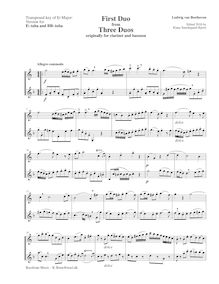 Partition complète, aigu clef notation (en E♭, B♭), 3 duos pour clarinette et basson