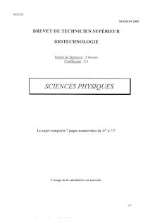 Sciences physiques 2005 BTS Biotechnologie