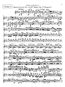 Partition violons I, Piano Concerto No.5, Emperor, E♭ Major, Beethoven, Ludwig van
